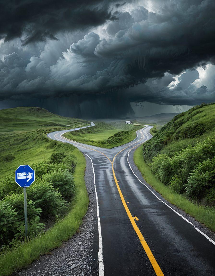 A visually striking illustration of a treacherous landscape transitioning from a dark stormy environment symbolizing liability to a bright, secure haven representing hazard insurance. Include elements like a path winding through confusion with road signs depicting different types of coverage. The colors should shift from ominous grays to warm greens and blues, signifying hope and protection. The sky should progressively clear, suggesting guidance and clarity in navigating insurance choices. super-realistic. vibrant colors. dynamic composition.