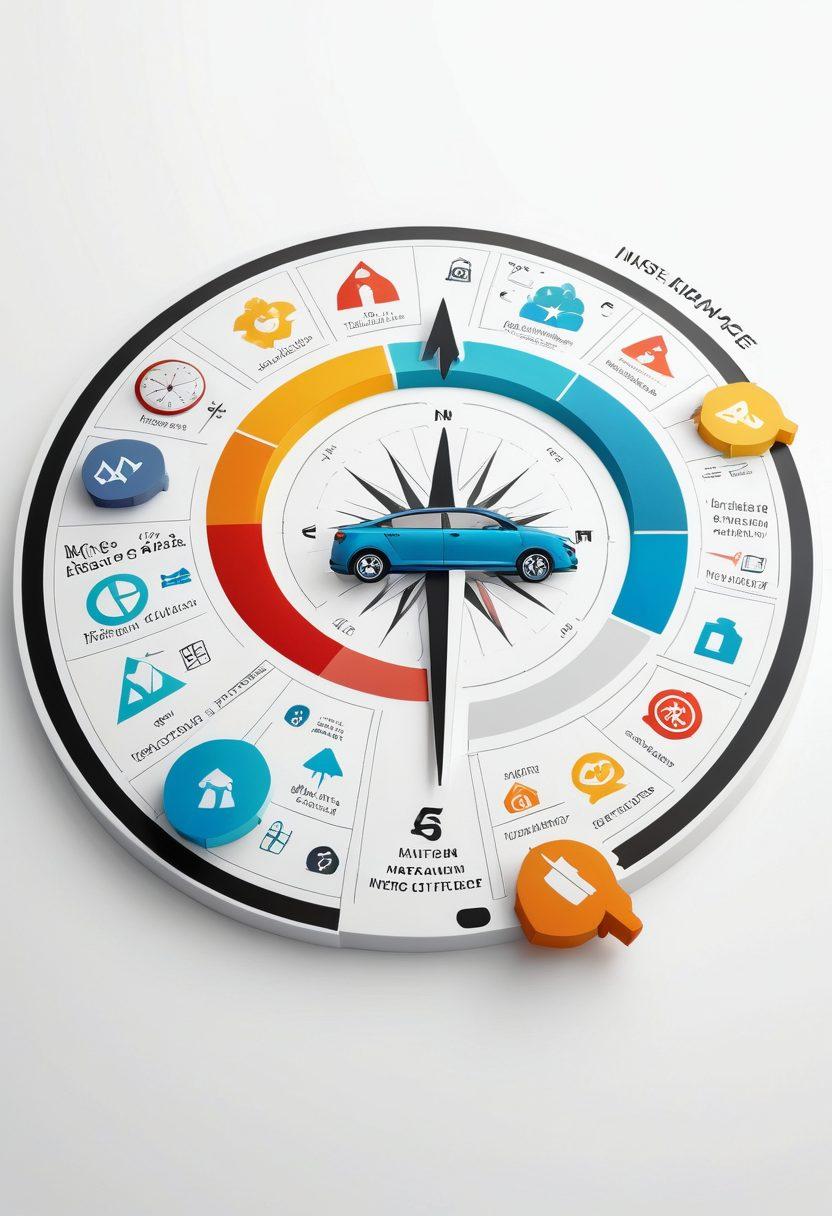 A visually engaging roadmap featuring various icons representing different types of insurance coverage like health, auto, home, and life, with a compass in the center symbolizing guidance. The background should include elements like a safe home, a car, and a hospital, seamlessly blending into a calm landscape. Use vibrant colors to evoke a sense of safety and assurance. super-realistic. vibrant colors. white background.